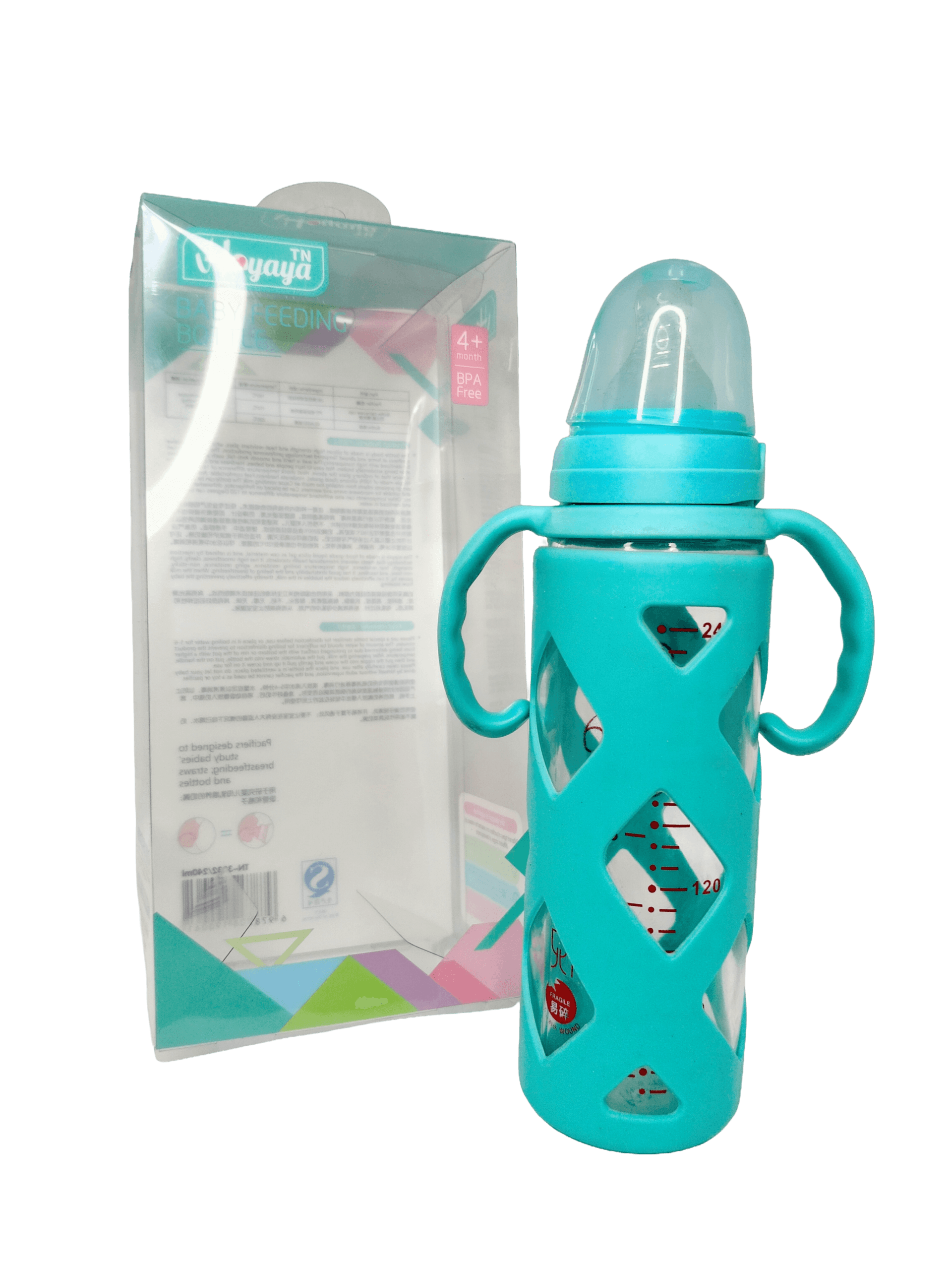 Fish Baby Glass Feeding Bottle 240ml with Protective Silicone Sleeve & Easy-Grip Handles – Turquoise