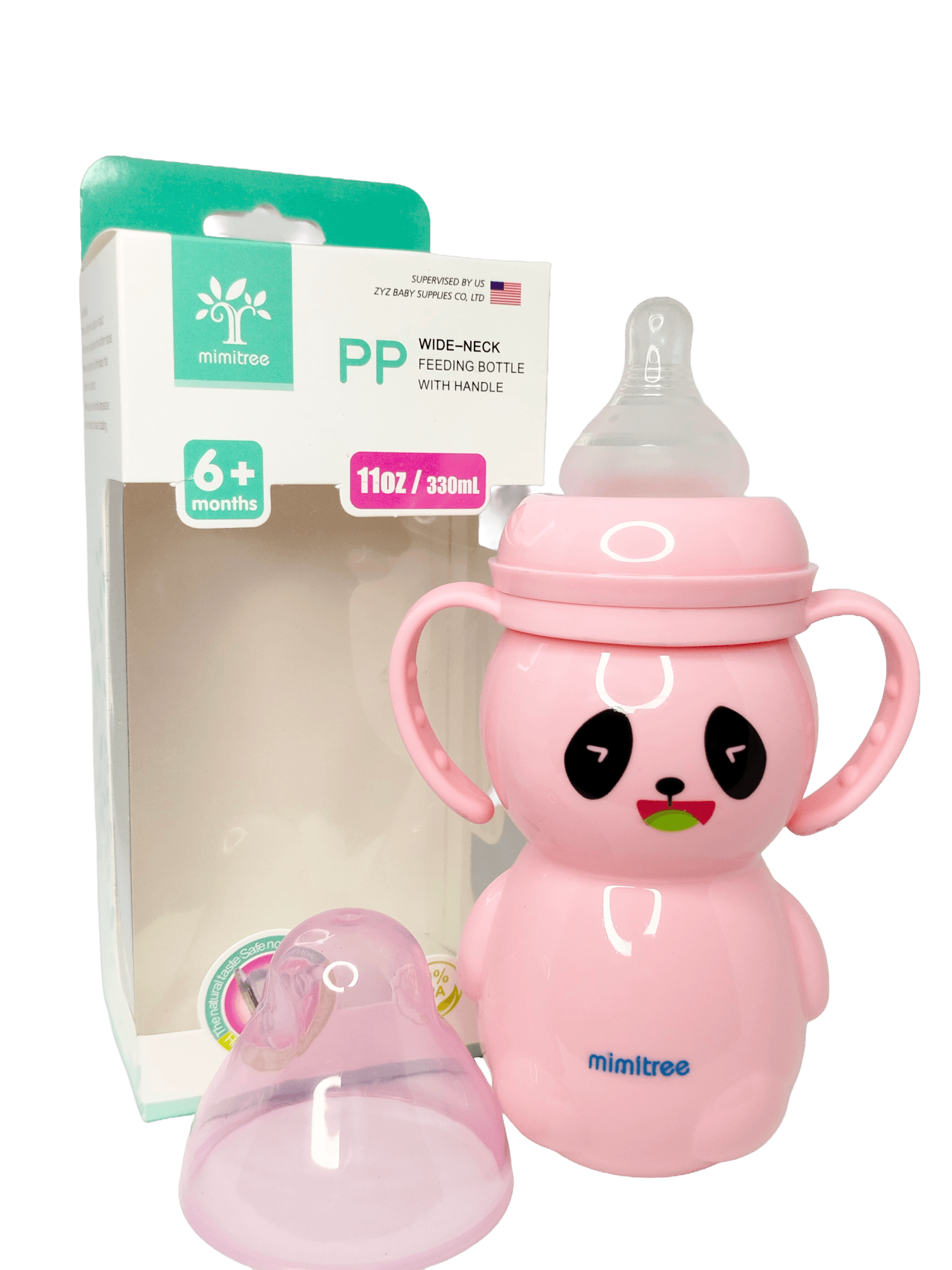 Mimitree Panda-Style Wide-Neck Baby Feeding Bottle with Handles – 11oz/330ml (Pink)