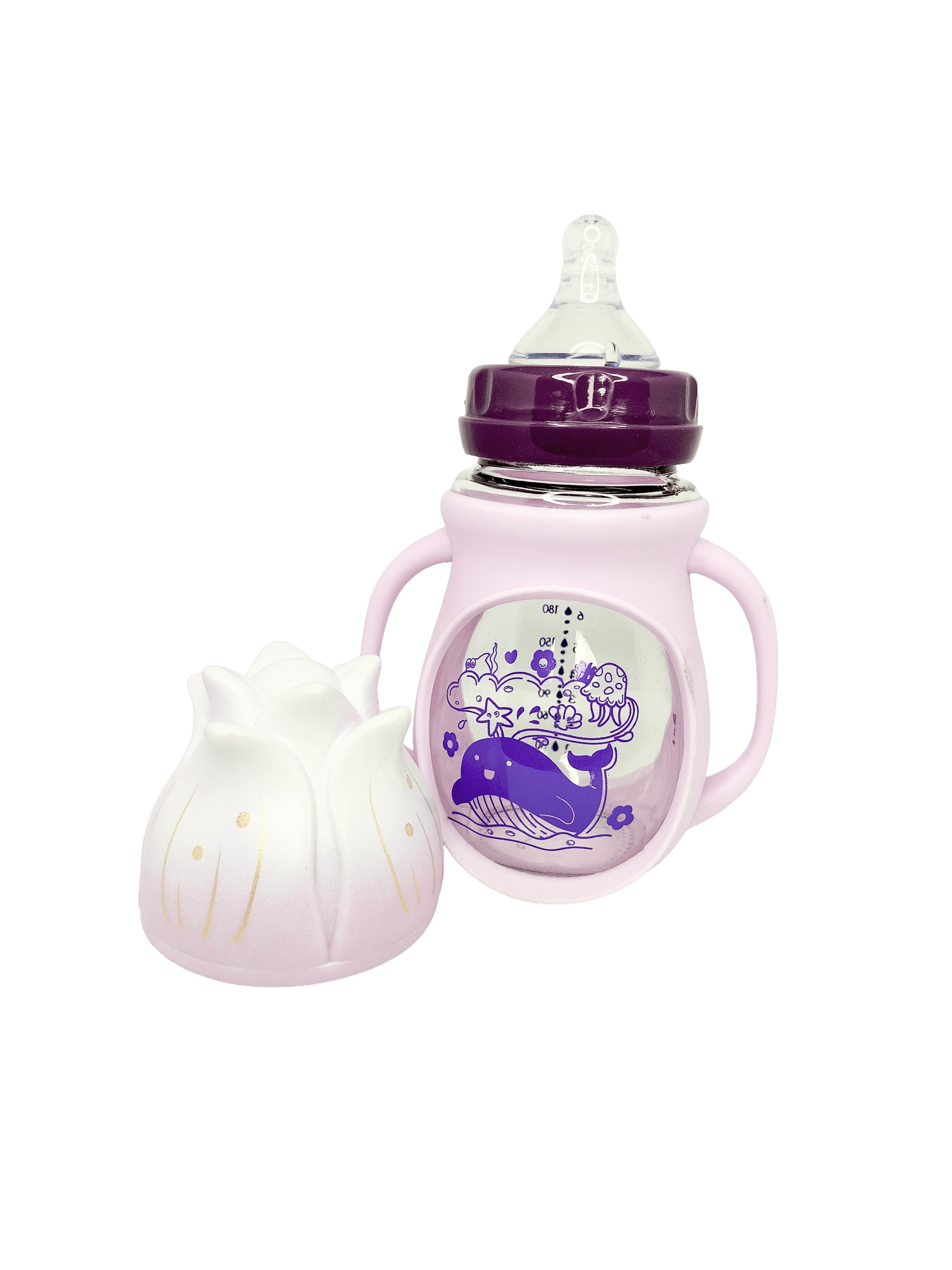 Fish Premium 260ml Glass Baby Feeding Bottle with Protective Silicone Sleeve & Easy-Grip Handles (BPA Free)